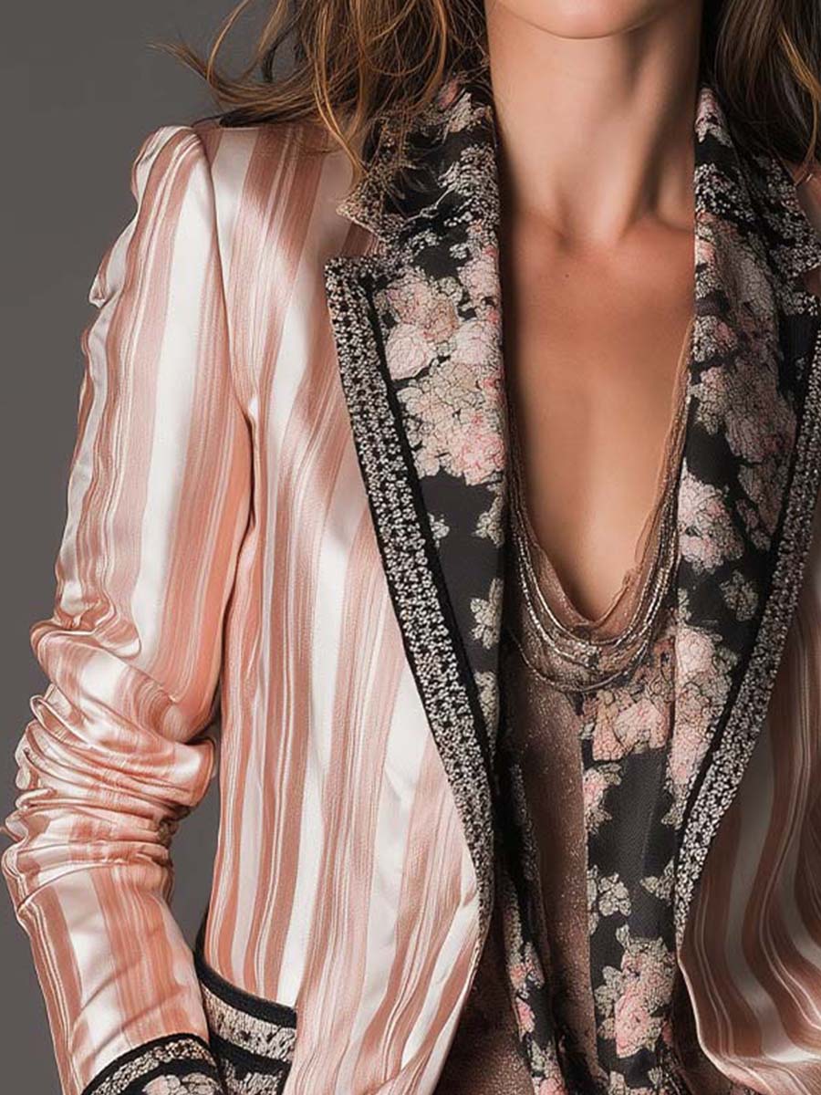 Striped Satin Floral Contrast Lapel Blazer