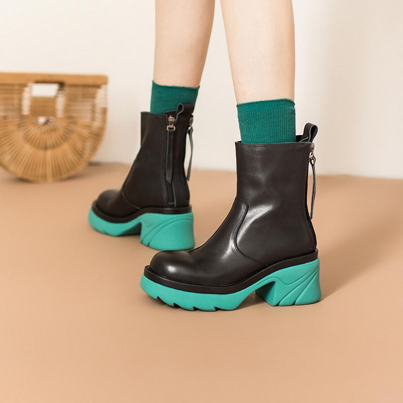 Colorful Sole Leather Short Boots Chunky Riding Boots High Heel Back Zip
