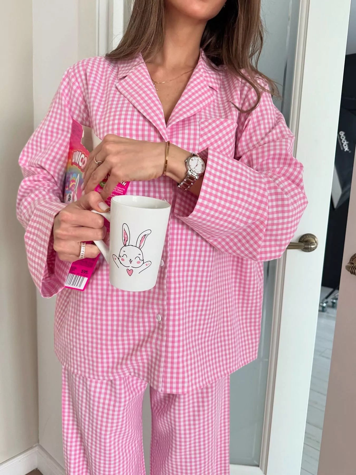 Gingham Button-Down Top and Pants Loungewear Set