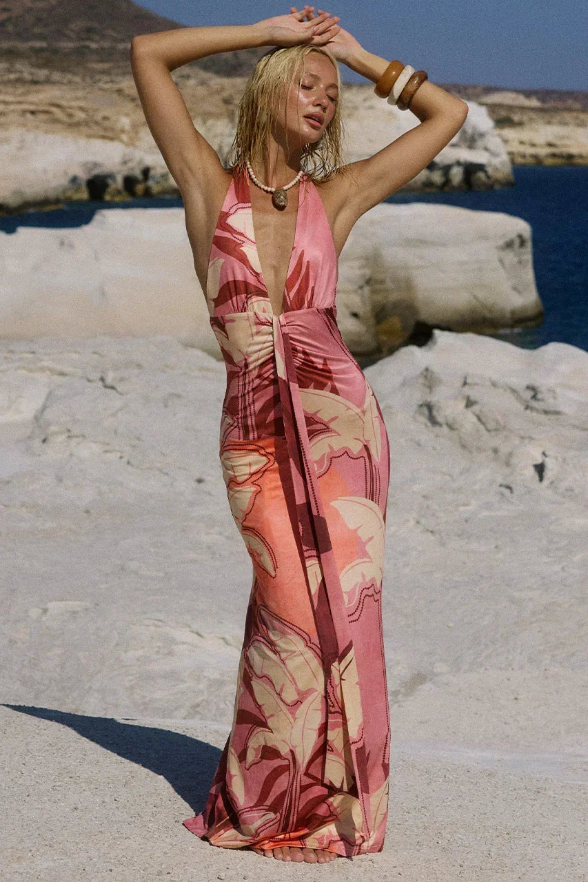 Abstract Print Halter Neck Plunge Tie Front Bodycon Maxi Dress
