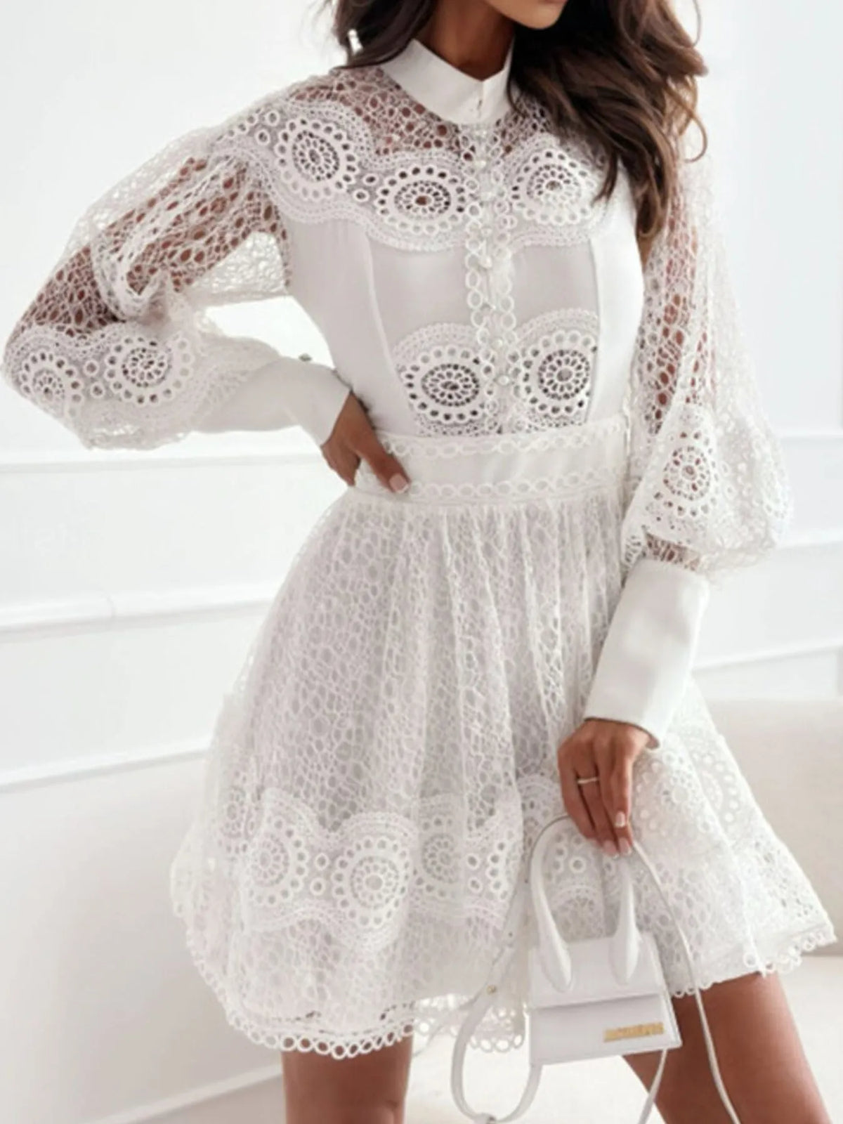Lace Lantern Sleeve Mini Dress