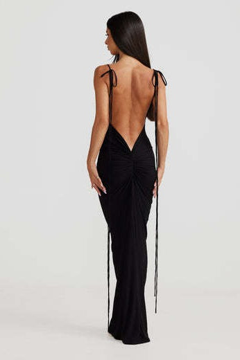 Cowl Neck Spaghetti Strap Backless Ruched Bodycon Maxi Dress