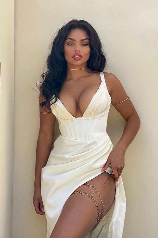 Satin V-Neck Bustier Slit Cocktail Dress - View 4