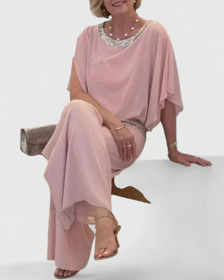 Sequin Trim Chiffon Overlay Top and Pants Two Piece Set 2