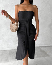 Strapless Eyelet Ruched High Split Midi Dress Summer 17