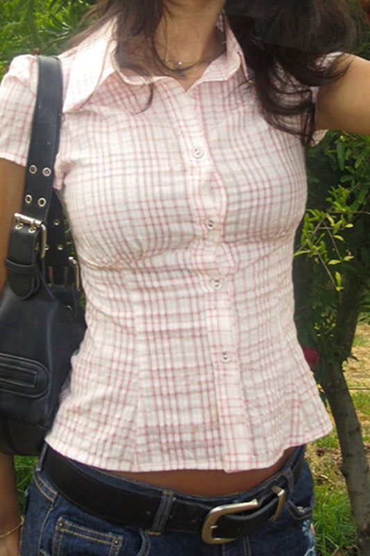 Plaid Button Front Fitted T-Shirt