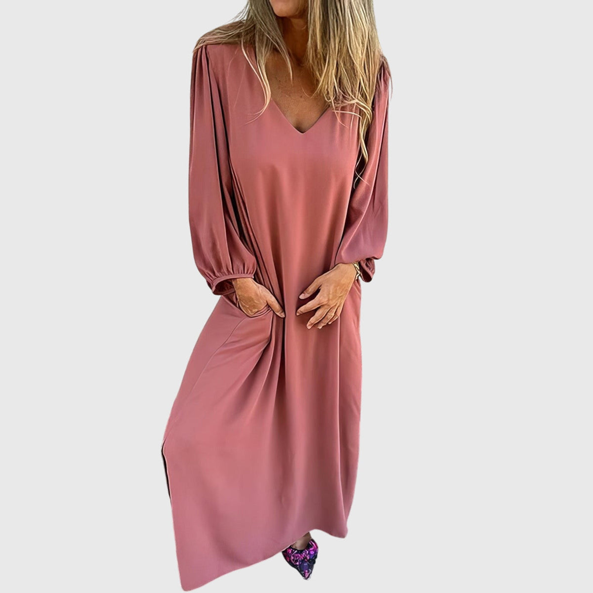 Satin V-Neck Lantern Sleeve Side Split Maxi Dress