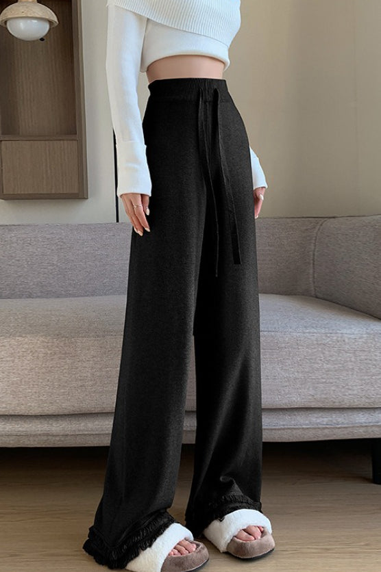 High Waist Fringed Hem Knit Pants