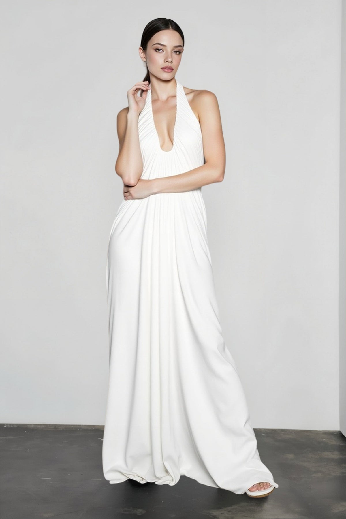 Halter Neck Deep V-Neck Ruched Draped Backless Maxi Dress 4