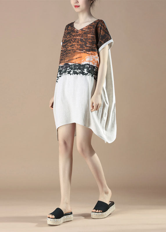 Colorblock Patchwork V-Neck Short Sleeve Asymmetric Hem Midi Dress
