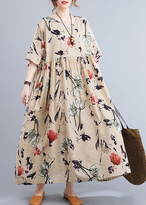Floral Print Round Neck Elbow Sleeve Empire Waist Oversized Maxi Dress