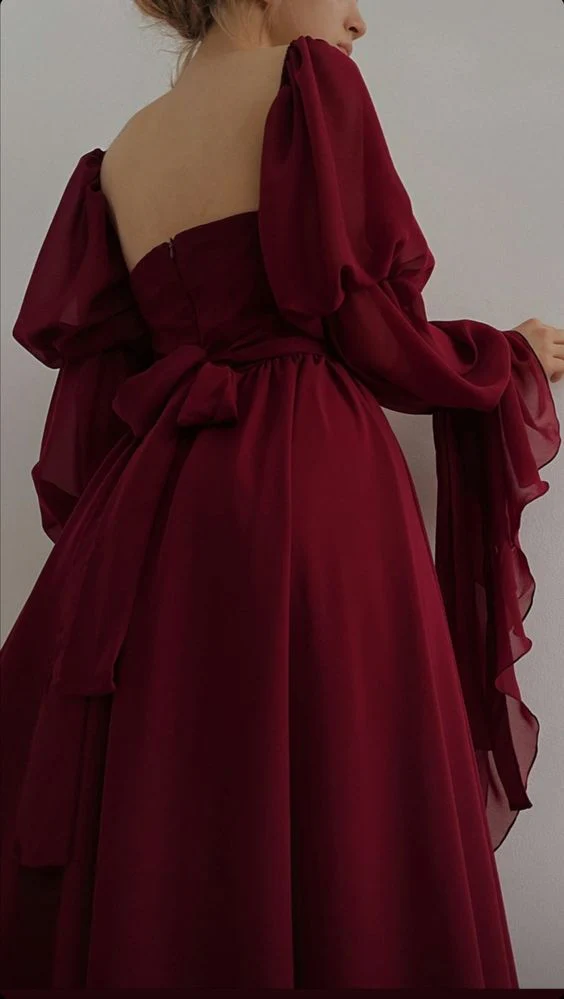 Vintage Burgundy Long A Line Prom Dress Romantic Evening Dress Party Gown cc1527