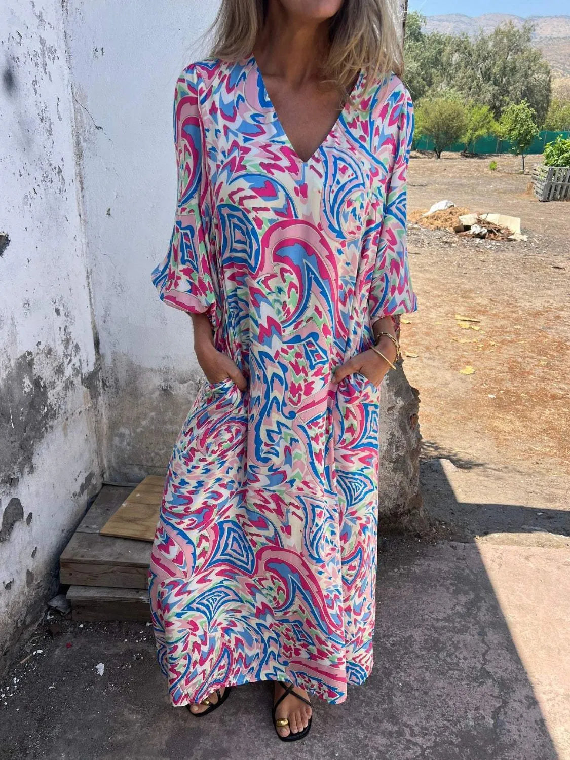 Full Size Printed V-Neck Dress with Pockets Plus Size Lilac