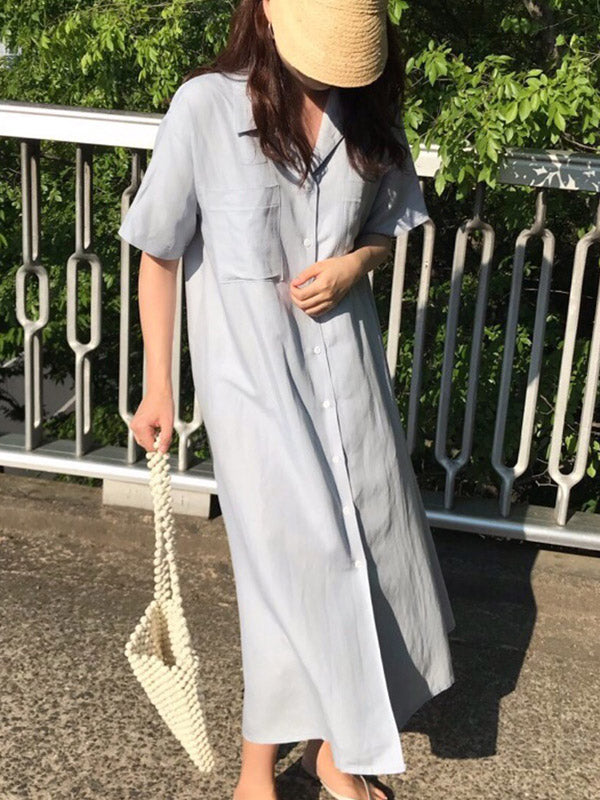 Notched Collar Button Front Patch Pocket Rolled Short Sleeve Maxi Shirt Dress