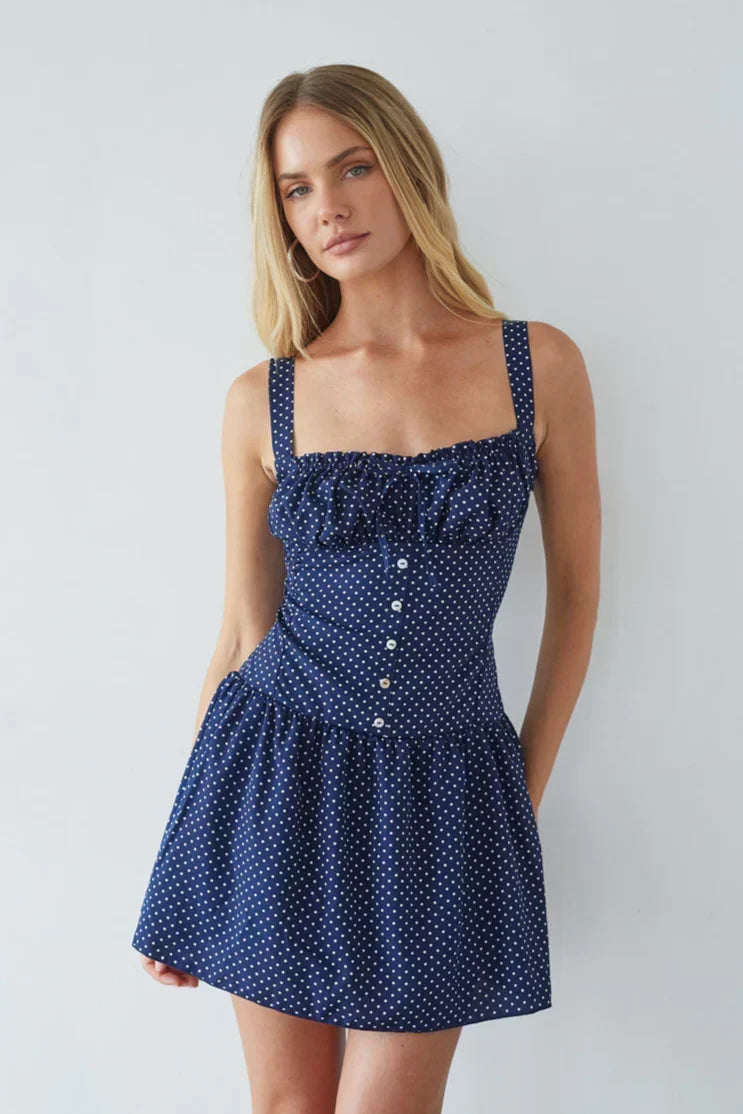 Polka Dot Ruched Bust Button Front Drop Waist Mini Dress