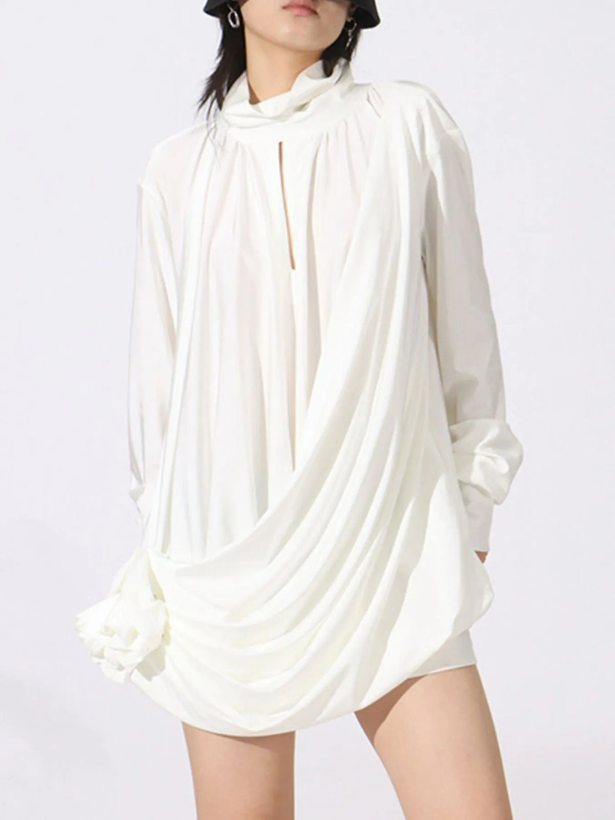 Mock Neck Long Sleeve Draped Rosette Keyhole Mini Dress