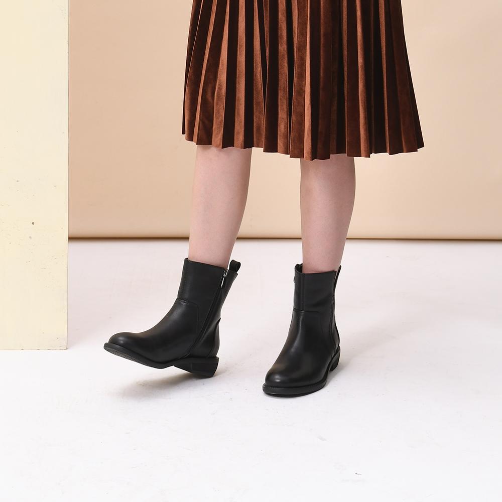 Handmade Genuine Leather Booties Round Toe Side Zip Low Heels Chic Mid-Calf Boots Black Short Plush Lining