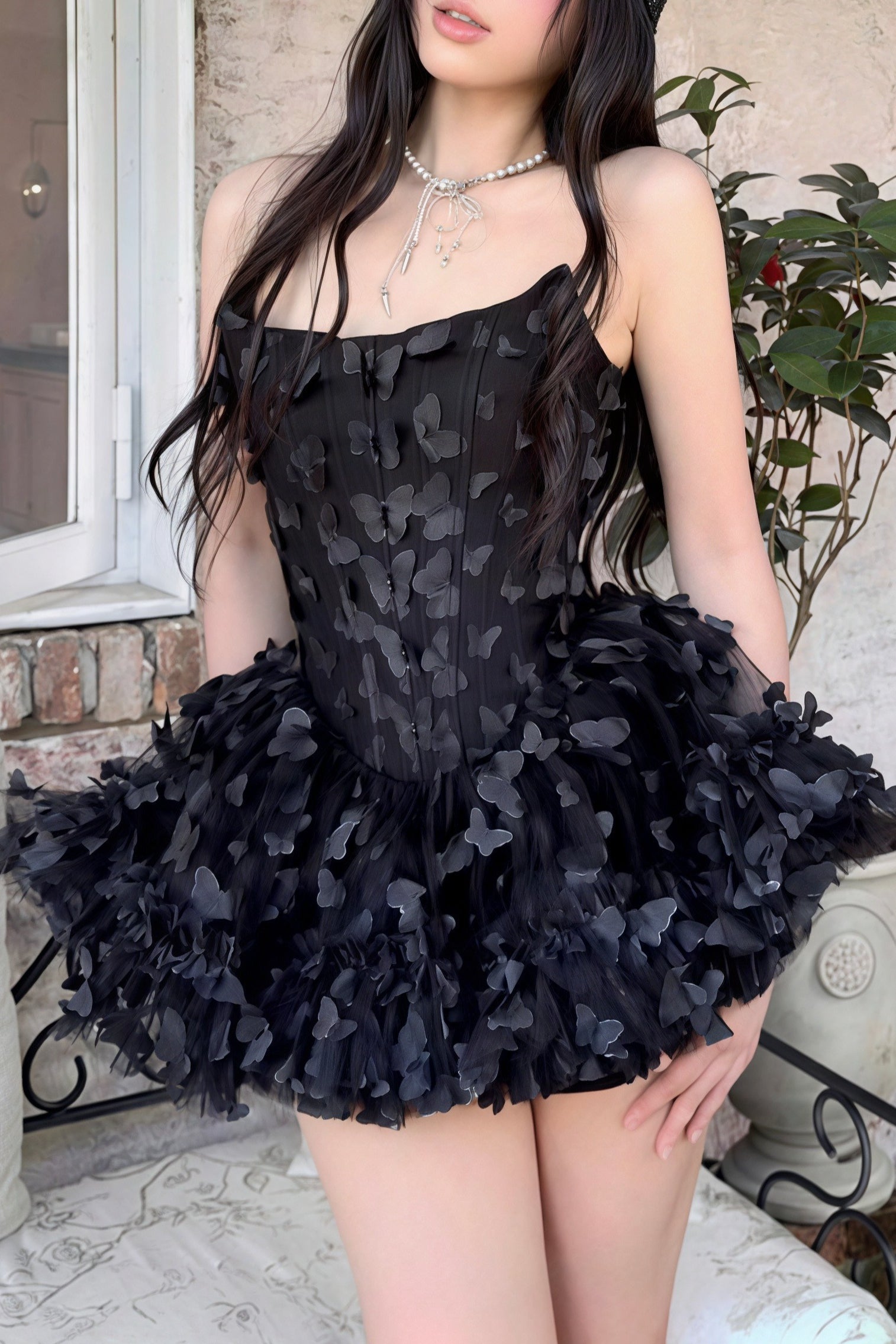 Strapless Corset Butterfly Appliqué Tulle Ruffle Mini Dress