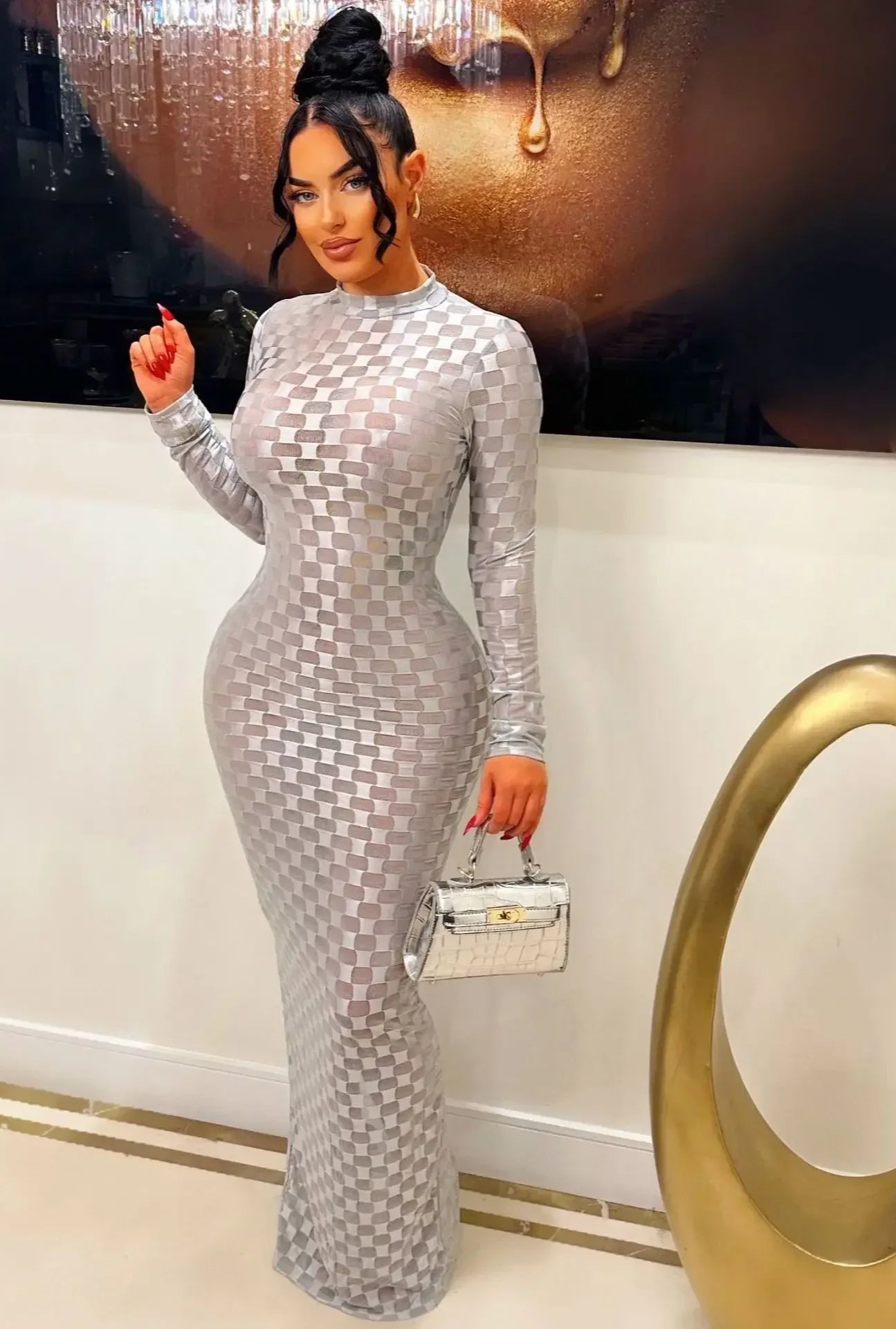 Plaid Mesh Bodycon Maxi Dress 2