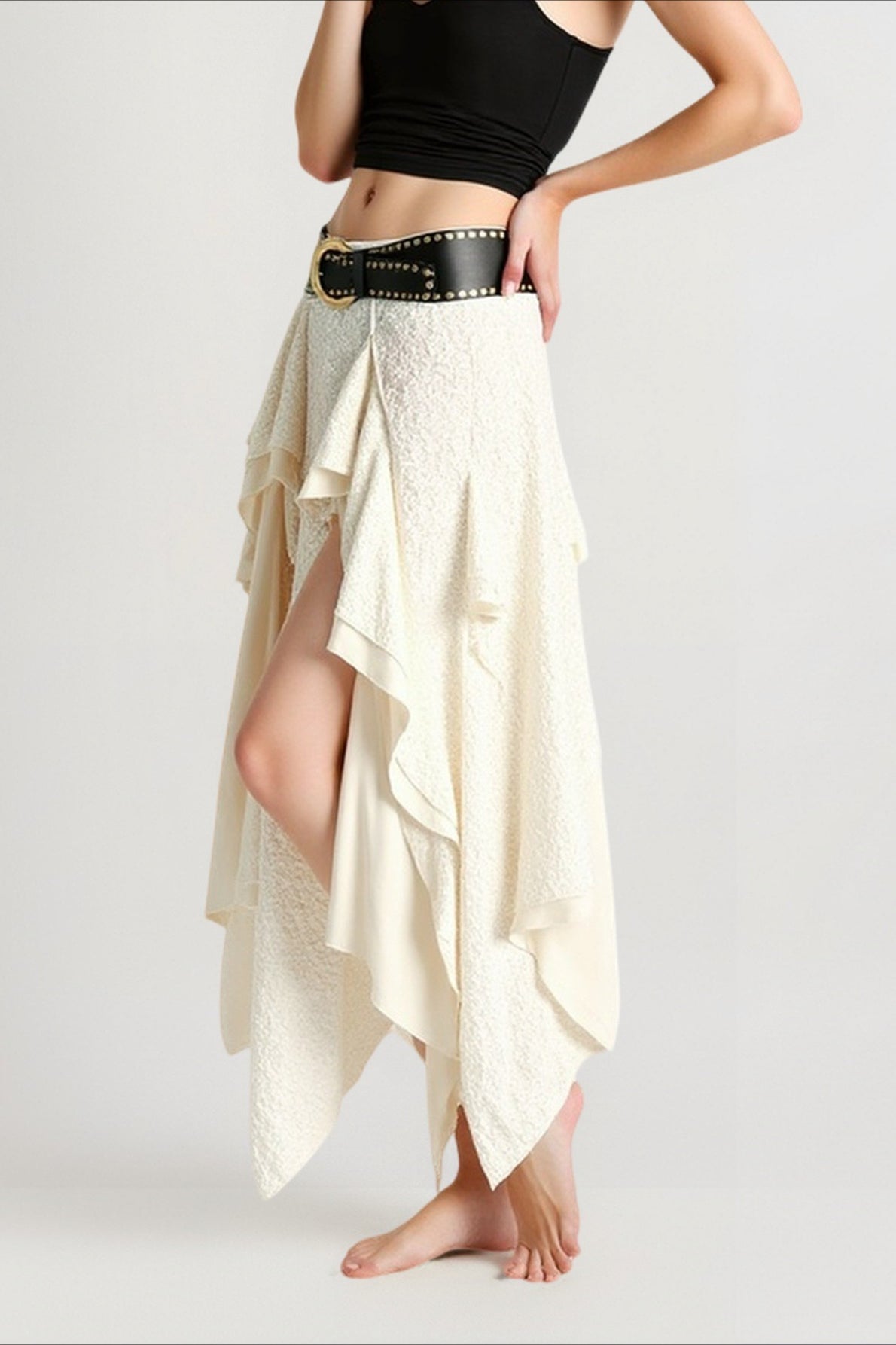 Asymmetric Wave Hem Tiered Midi Skirt