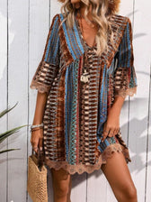 Boho Print Deep V-Neck Lace Trim Mini Dress 13