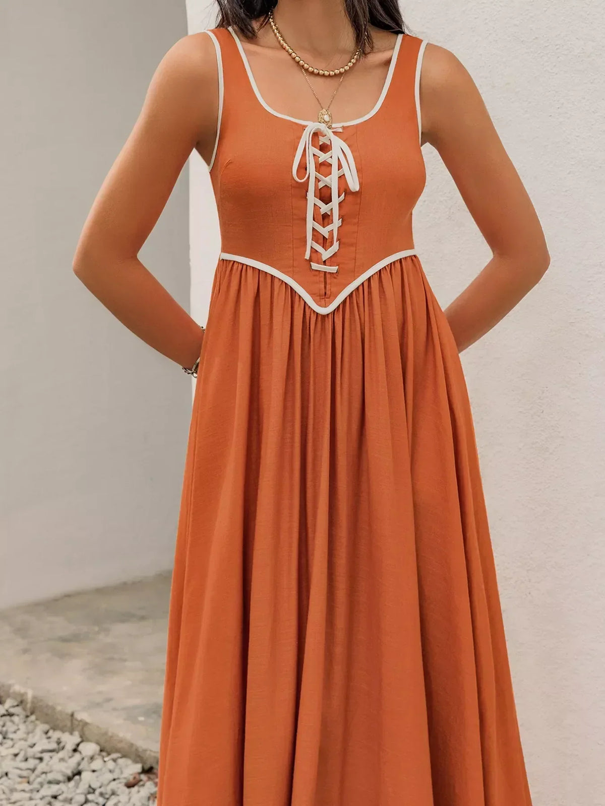 Contrast Trim Lace Up Front Sleeveless Pleated Maxi Tank Dress 2
