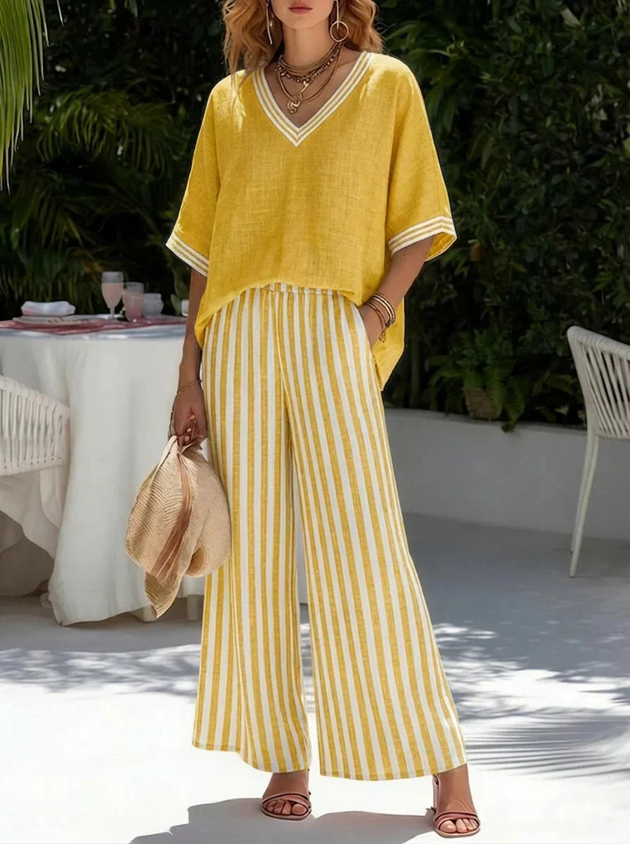 V-Neck Top and Striped Wide Leg Pants Two Piece Set