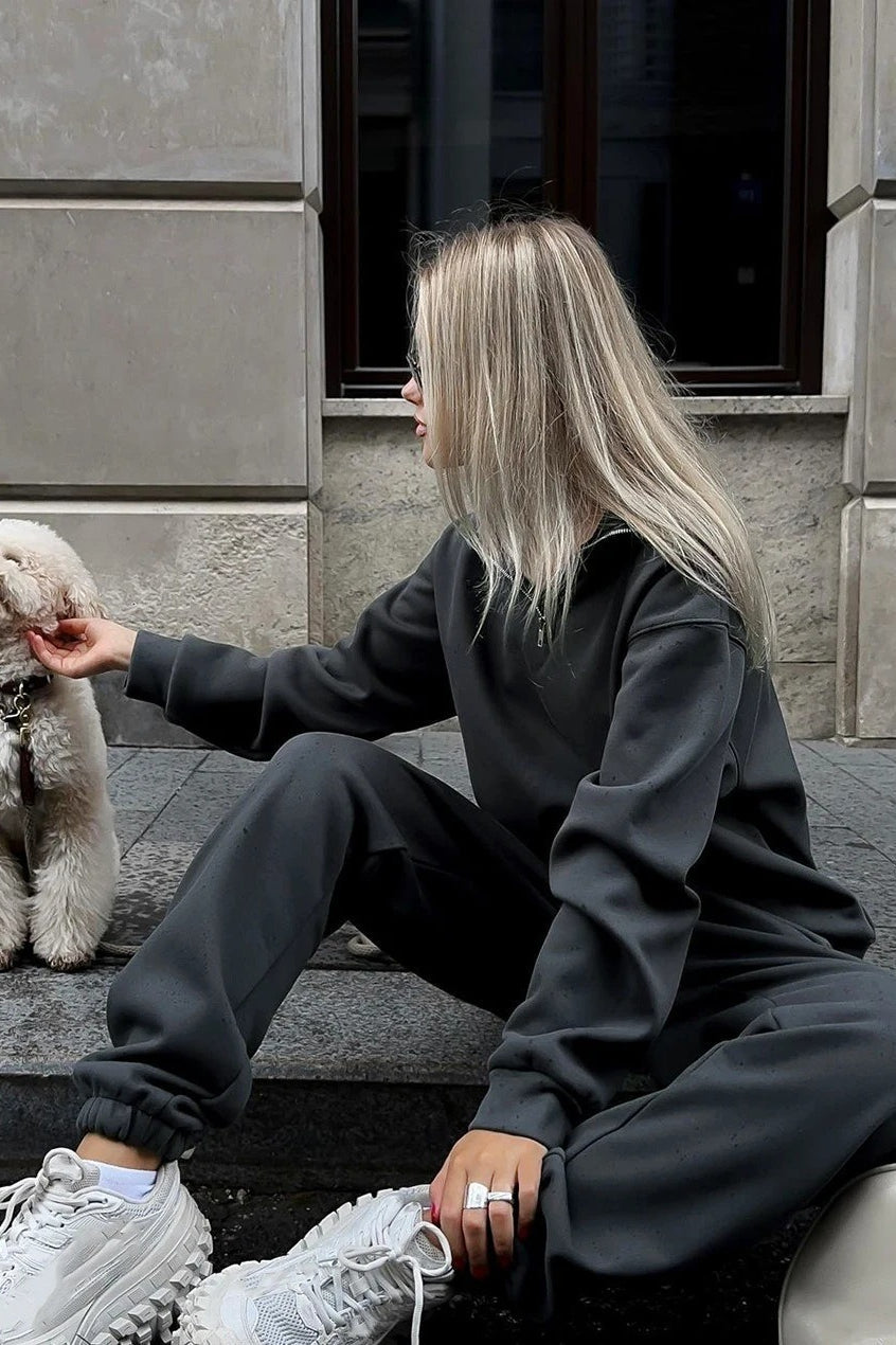 Letter Embroidered Half Zip Fleece Sweatshirt and Joggers Two Piece Set 5