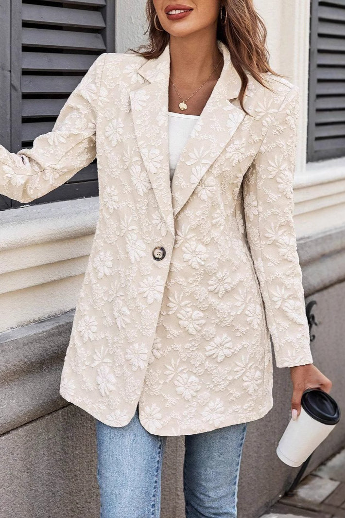 Floral Jacquard Notch Lapel Long Sleeve Single Button Blazer 2