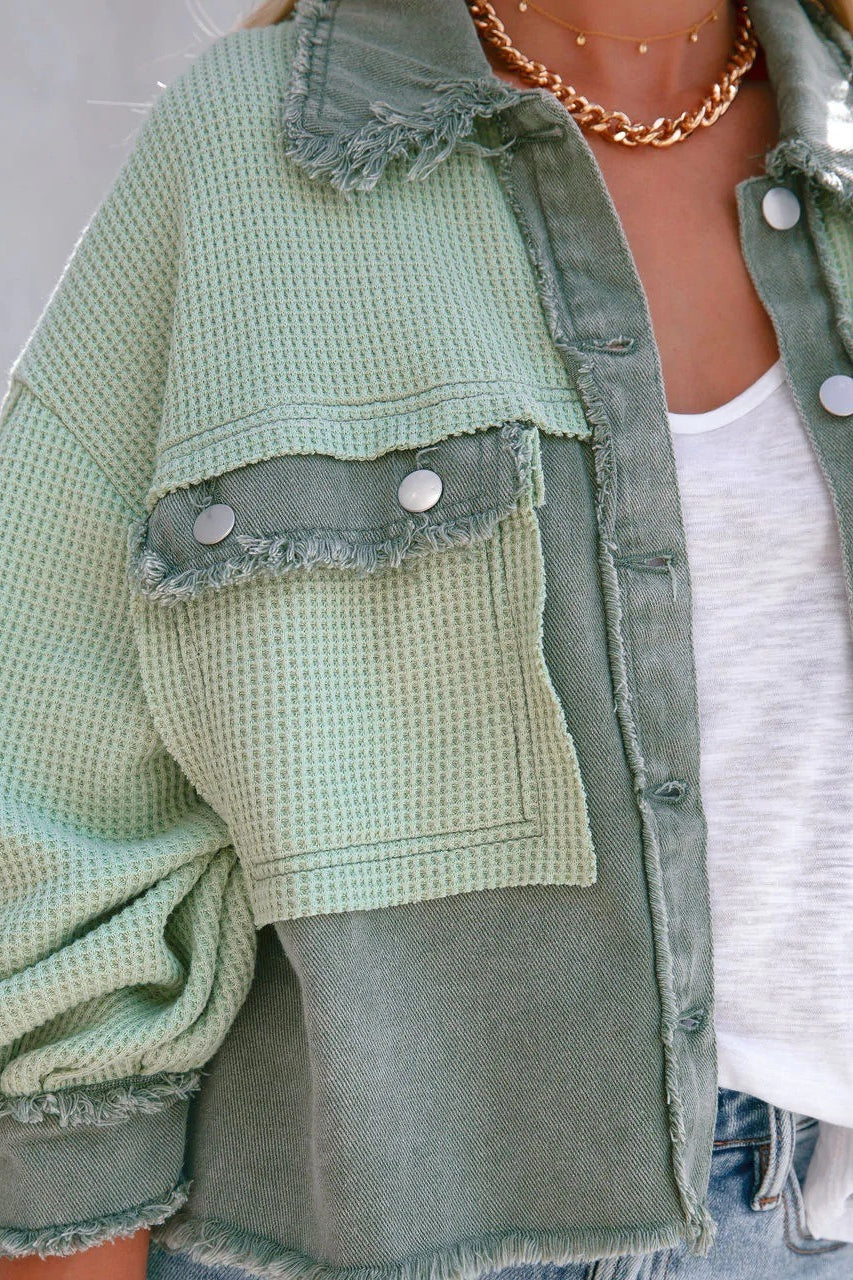 Waffle Knit Balloon Sleeve Frayed Trim Button Front Cropped Jacket 10