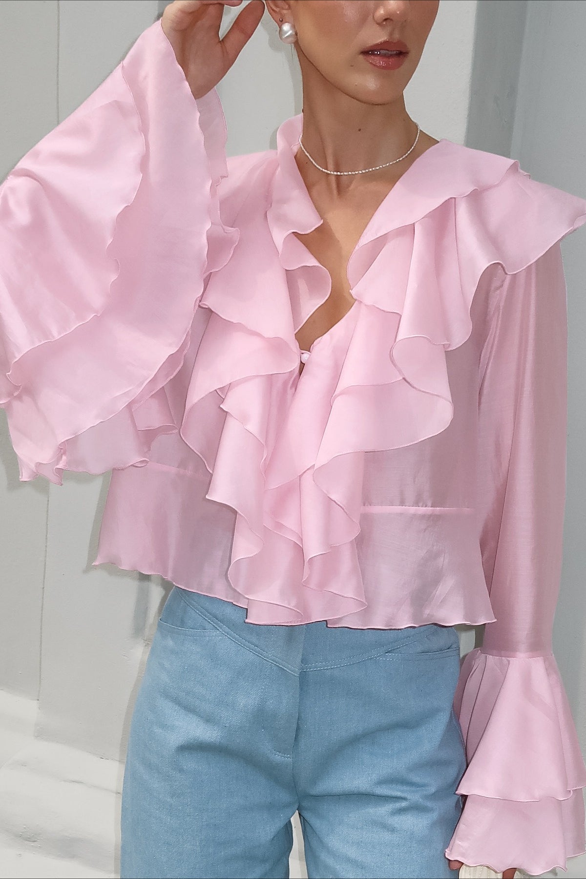 Chiffon Ruffle V-Neck Tiered Flare Sleeve Cropped Blouse 4