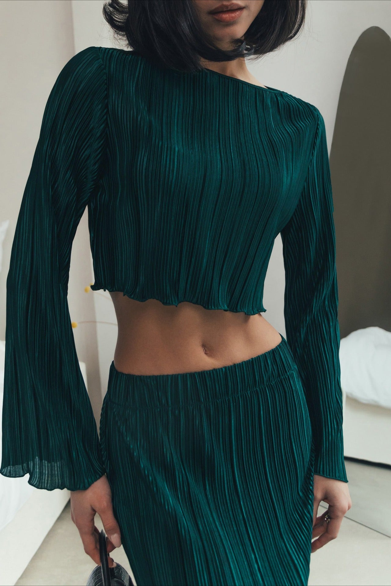 Flared Sleeve Pleated Denim Mini Skort