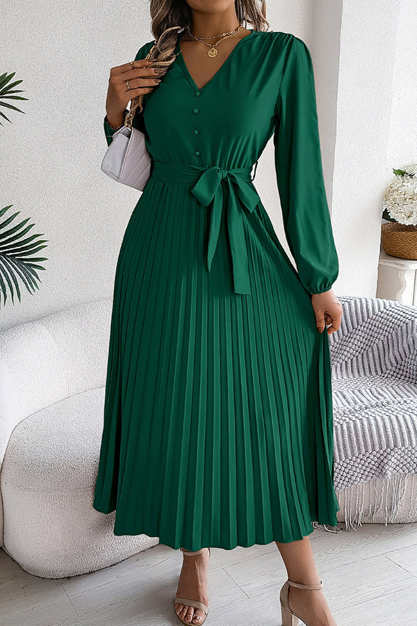 Solid Color Elegant V-neck Buttoned Lace-up Pleated Maxi Dress - View 23