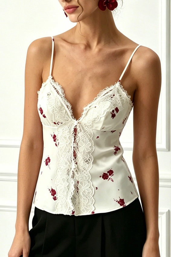 Floral Lace Trim Button Cami Top