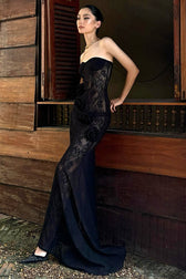 Sheer Lace Strapless Floral Applique Train Lace Dress