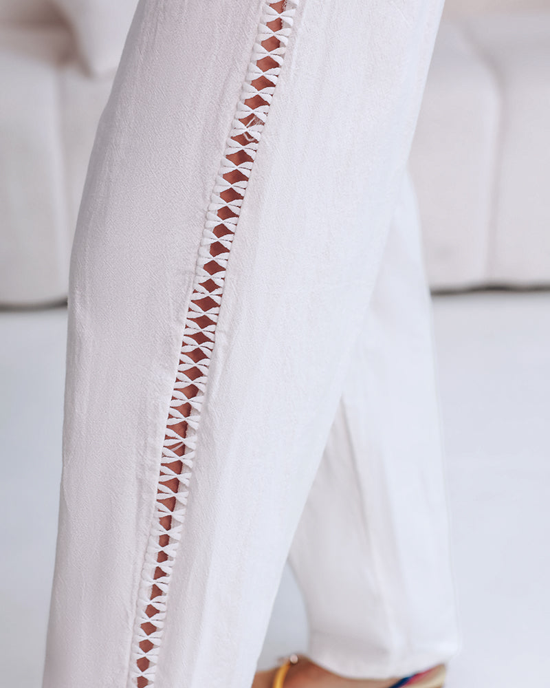 Natural Casual Pants With Hollow Out Spliced Details Drawstring Elastic Waist Pocket Cotton
