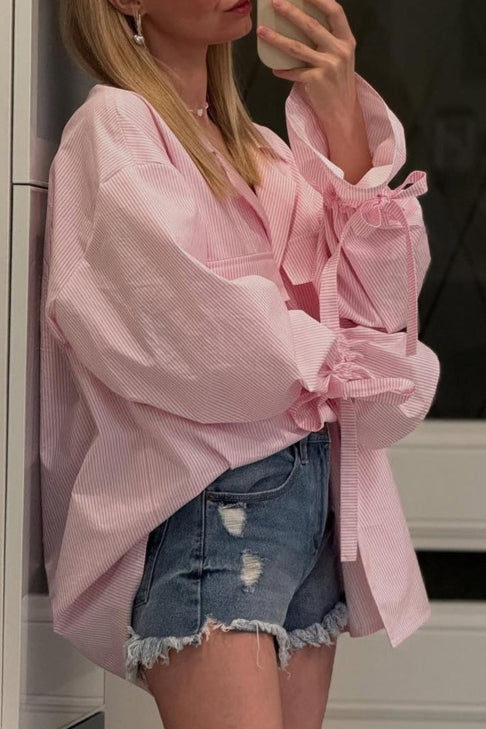 Pinstripe Collared Tie Cuff Chest Pocket Oversized Button Front Shirt 3