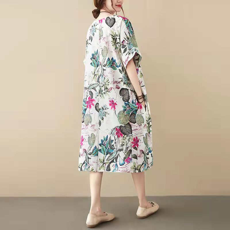 Floral Print Oversized Short Sleeve Shift Midi Dress