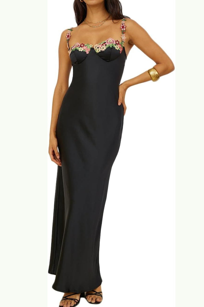 Bodycon Edition Backless Satin LaceTrim Cami Maxi Silk Dress