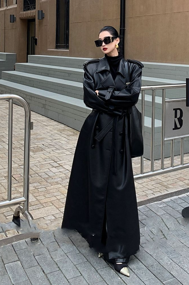 Layered PU Leather WaistCinching Long Overcoat