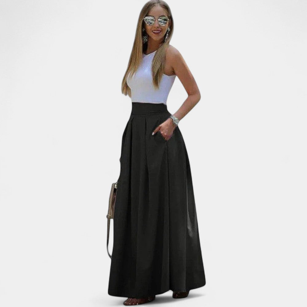 High Waist Pleated Pocket Flared Maxi Skirt