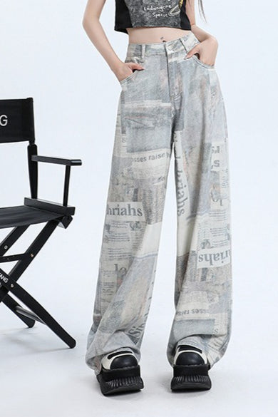 Newspaper Print Wide Leg Jean
