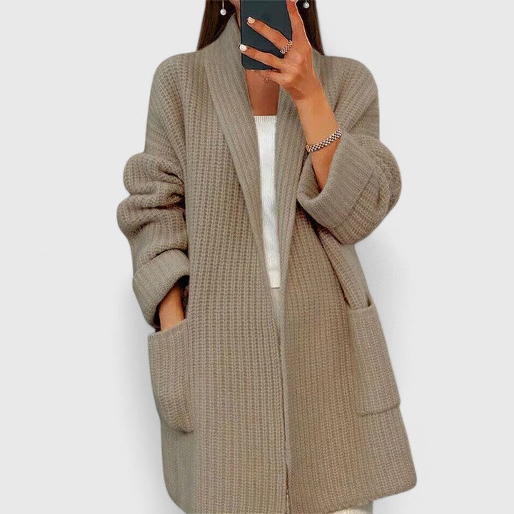 Shawl Collar Open Front Pocket Longline Chunky Knit Cardigan