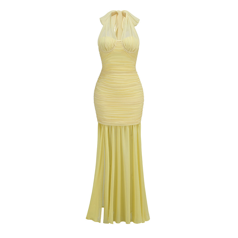 Sheer Mesh Asymmetric Halter Neck Ruched Bodice Mermaid Maxi Dress 17