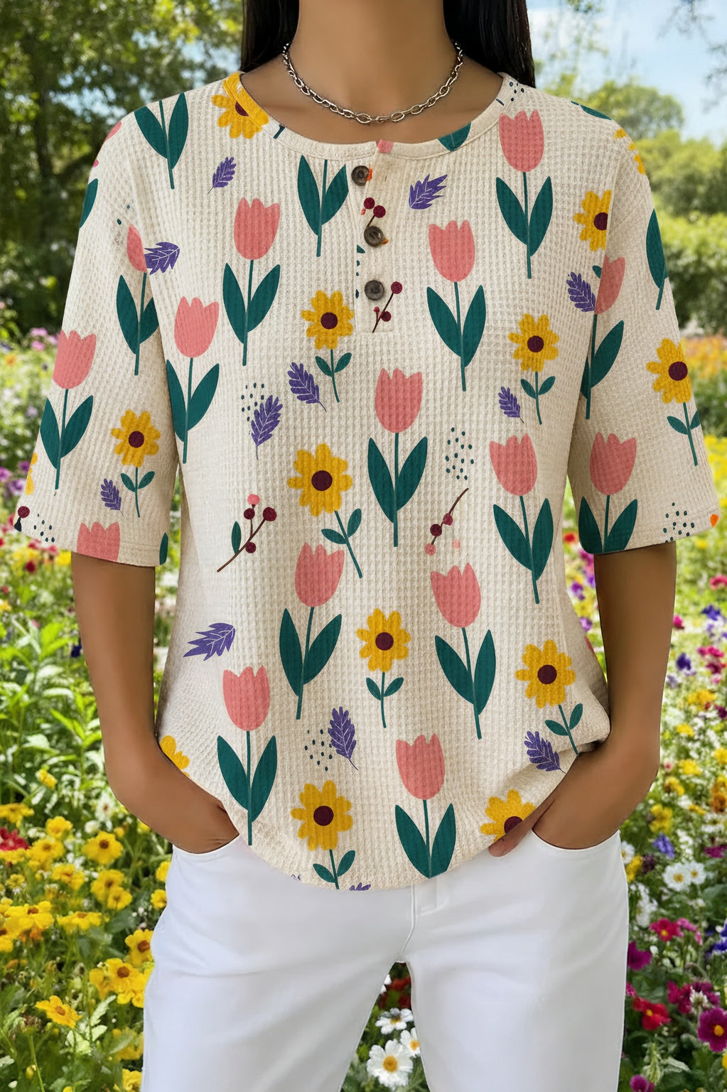 Womens Cream Tulip Print Casual Henley Shirt