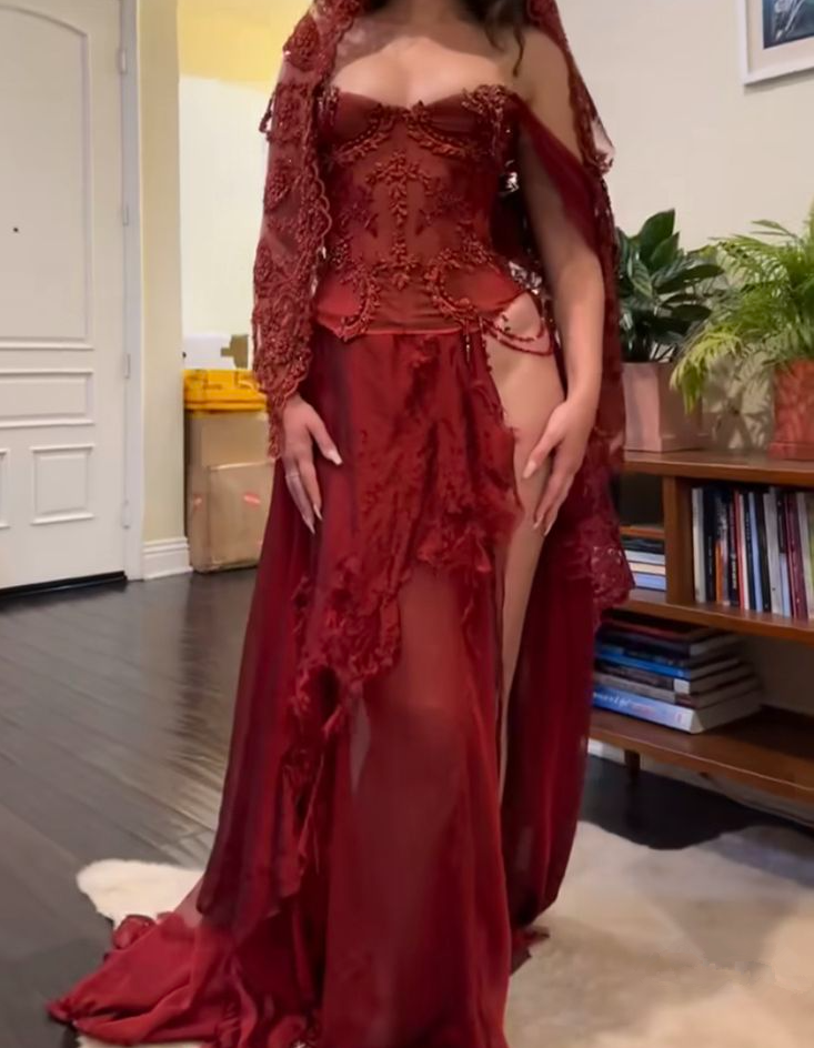 Burgudny Off Shoulder Long Dress Evening Party Dress