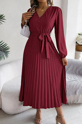 Solid Color Elegant V-neck Buttoned Lace-up Pleated Maxi Dress 28