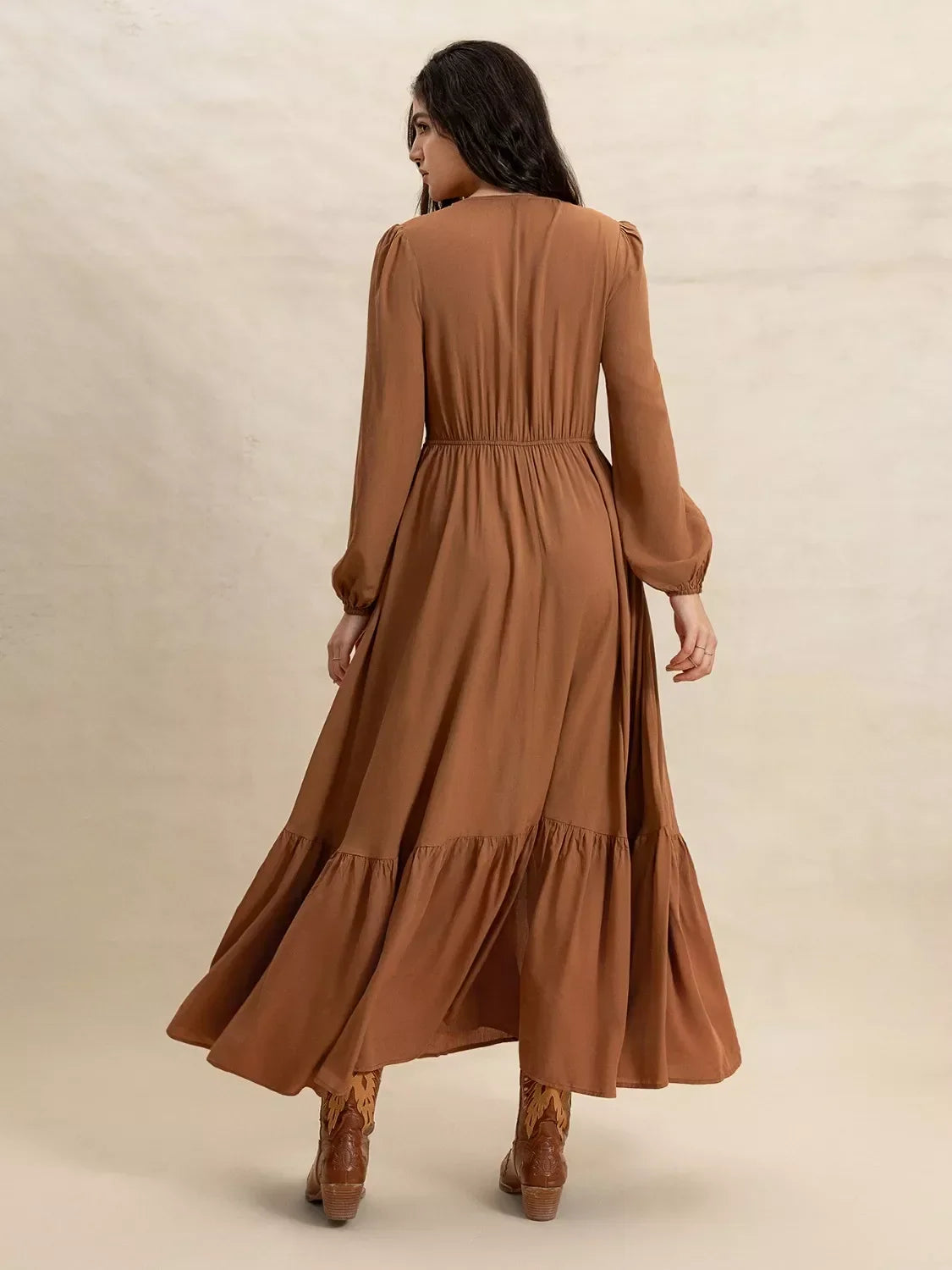 Lace Trim V-Neck Long Sleeve Button Front Tiered Maxi Dress 8