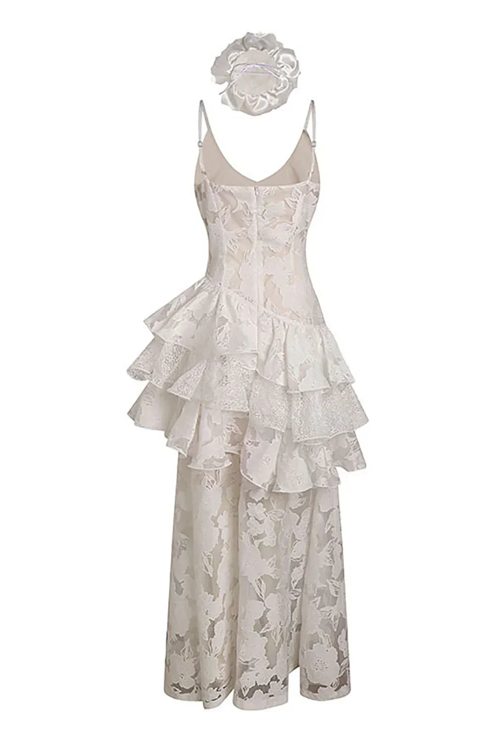 Sheer Floral Jacquard Tiered Ruffle Rosette Detail Maxi Dress 8