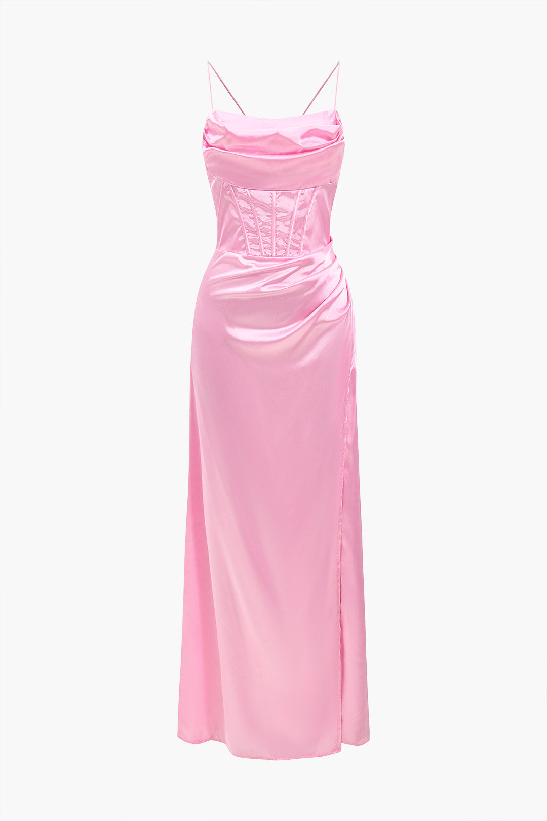 Satin Cowl Neck Corset Bodice Spaghetti Strap High Split Maxi Gown 21